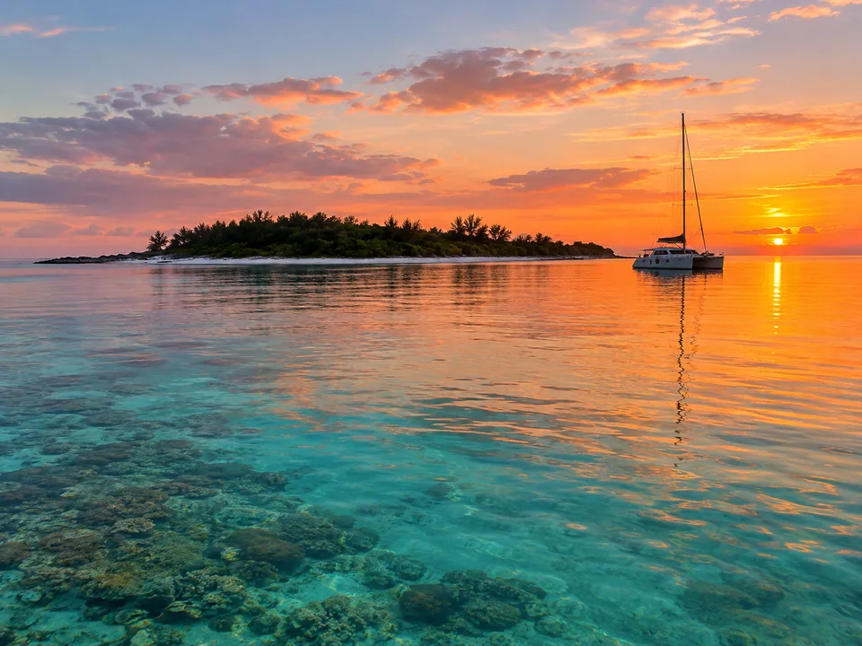 Sonnenuntergang über einer ruhigen Riff-Lagune mit der Silhouette einer flachen Koralleninsel und einem vor Anker liegenden Katamaran